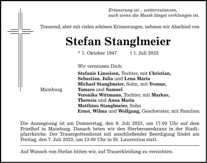 Traueranzeige Stefan Stanglmeier
