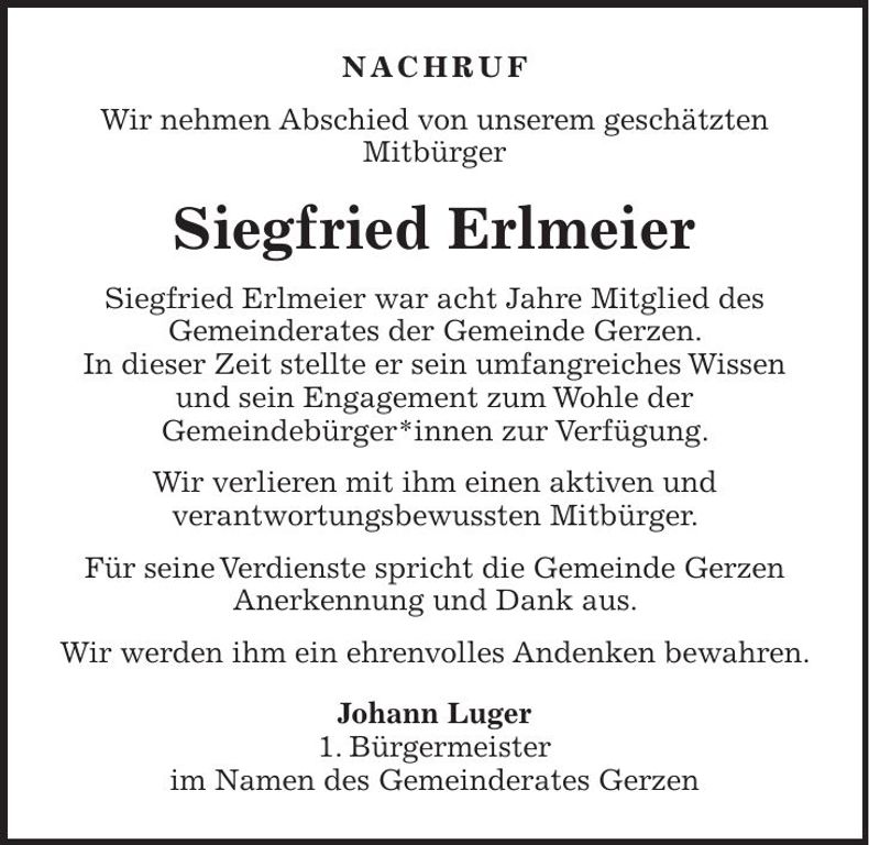 Traueranzeige Siegfried Erlmeier