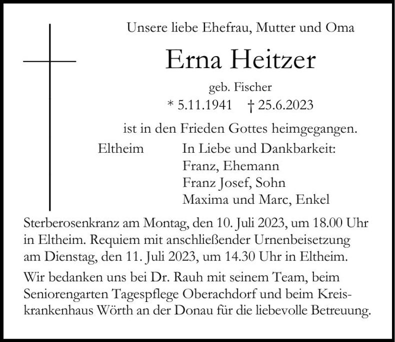 Traueranzeige Erna Heitzer