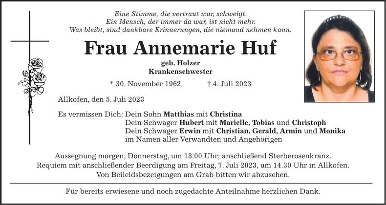 Traueranzeige Annemarie Huf
