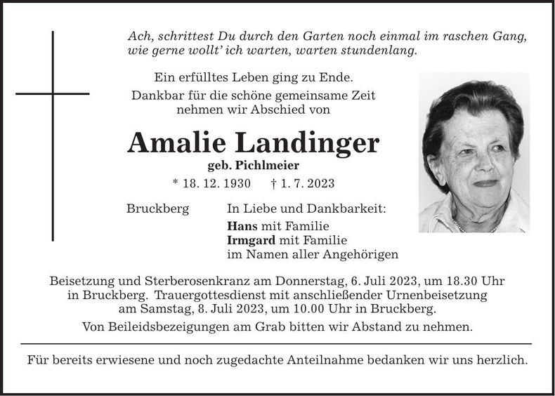 Traueranzeige Amalie Landinger