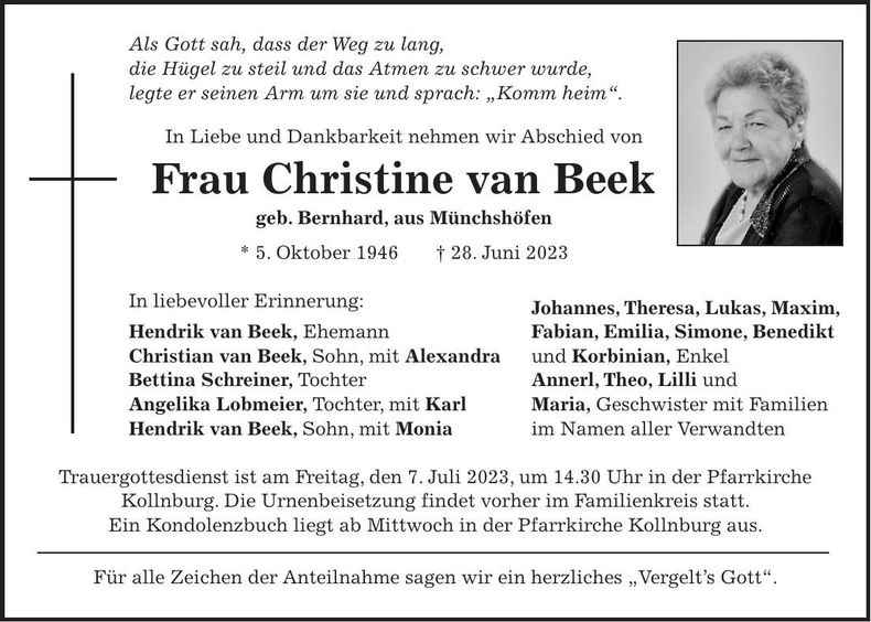 Traueranzeige Christine van Beek