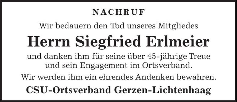 Traueranzeige Siegfried Erlmeier
