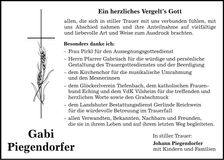 Traueranzeige Gabi Piegendorfer