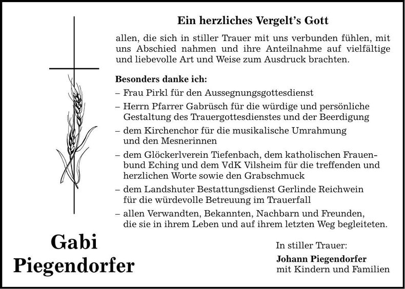 Traueranzeige Gabi Piegendorfer