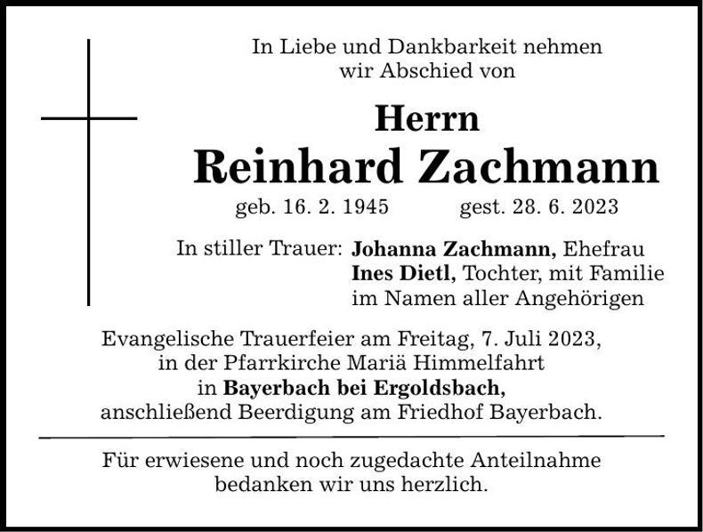 Traueranzeige Reinhard Zachmann