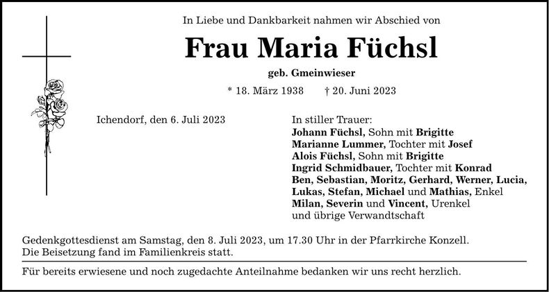 Traueranzeige Maria Füchsl