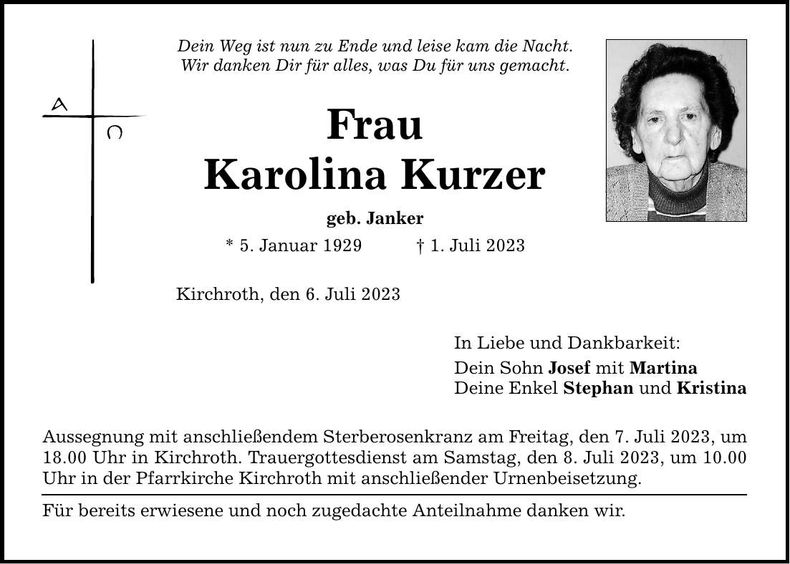Traueranzeige Karolina Kurzer