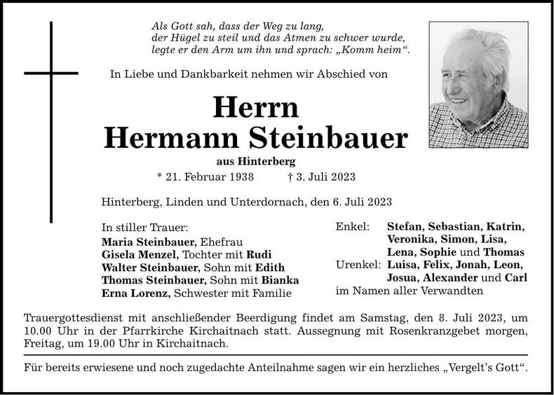 Traueranzeige Hermann Steinbauer