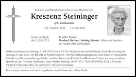 Traueranzeige Kreszenz Steininger