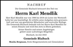 Traueranzeige Karl Mendlik