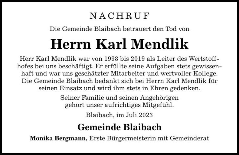 Traueranzeige Karl Mendlik