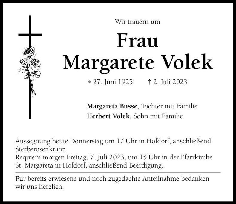 Traueranzeige Margarete Volek