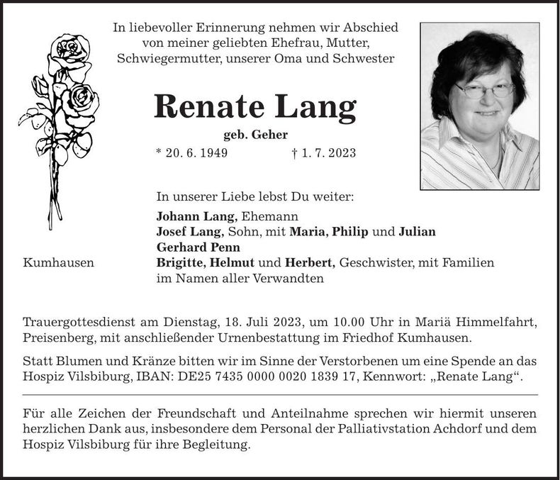 Traueranzeige Renate Lang