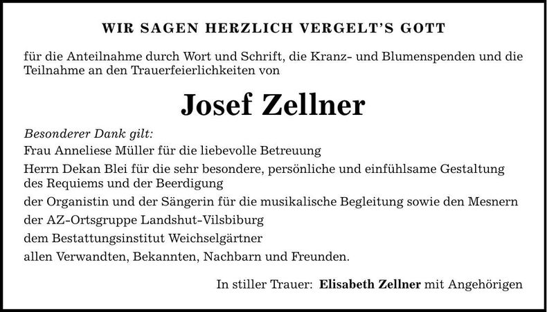 Traueranzeige Josef Zellner