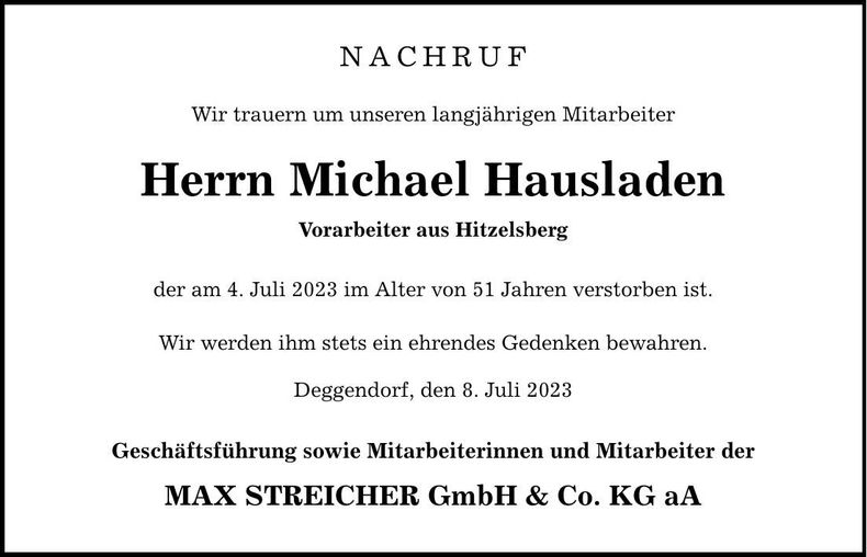 Traueranzeige Michael Hausladen