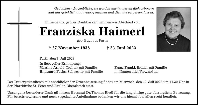 Traueranzeige Franziska Haimerl