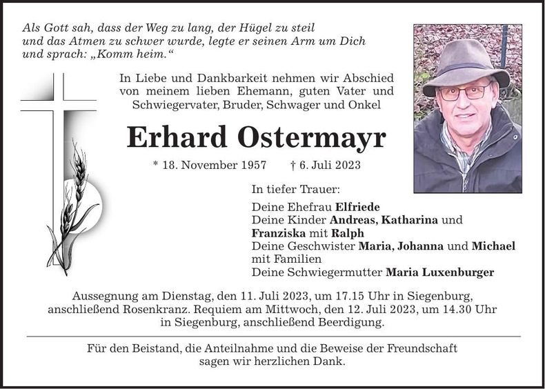 Traueranzeige Erhard Ostermayr