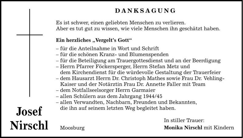 Traueranzeige Josef Nirschl