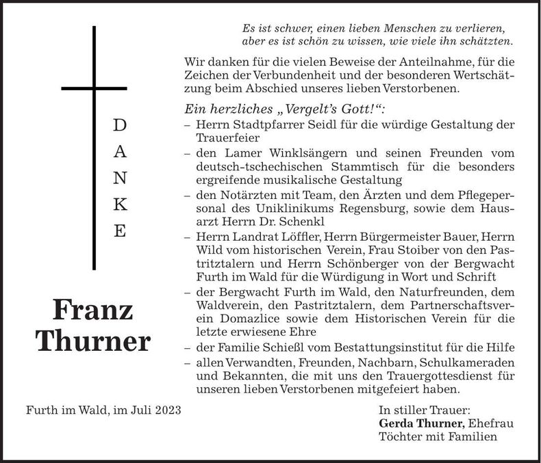 Traueranzeige Franz Thurner