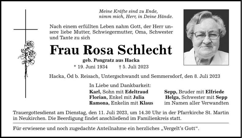 Traueranzeige Rosa Schlecht