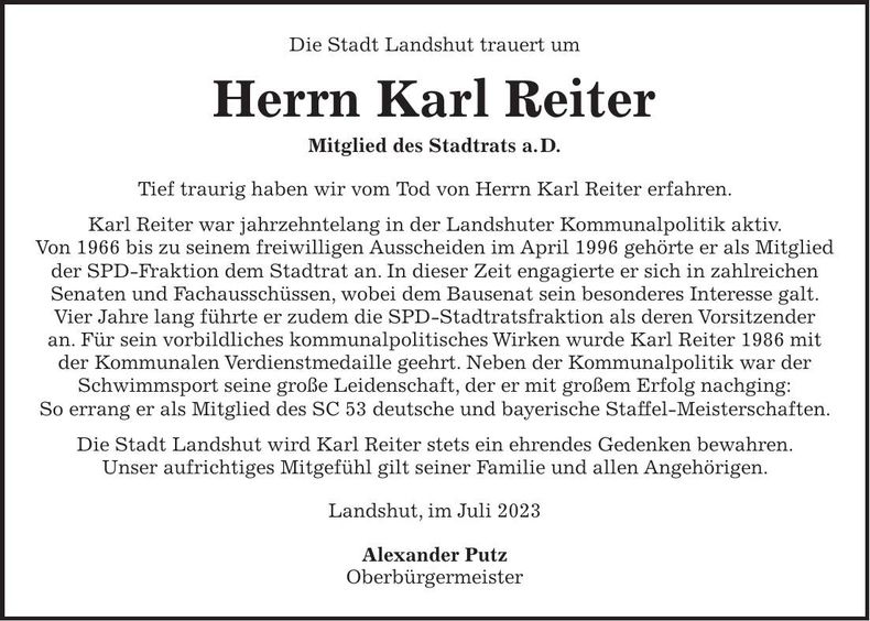 Traueranzeige Karl Reiter