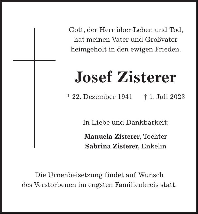 Traueranzeige Josef Zisterer
