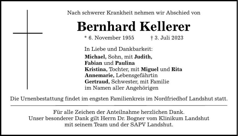 Traueranzeige Bernhard Kellerer