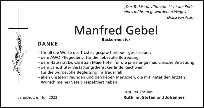 Traueranzeige Manfred Gebel