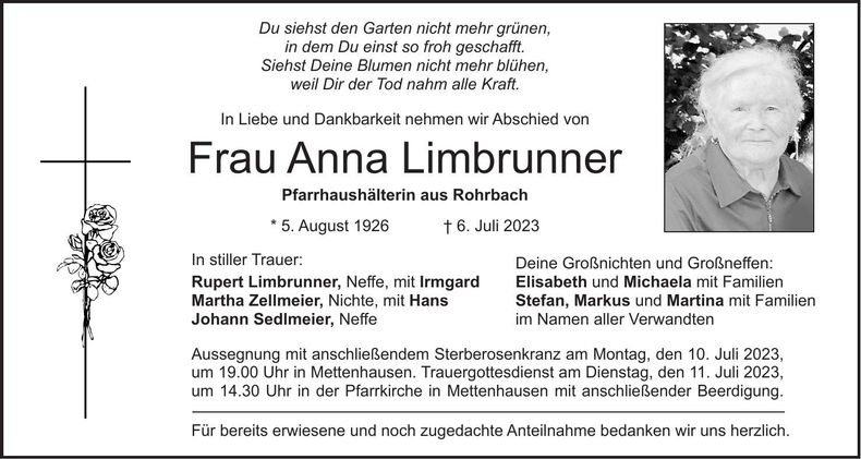Traueranzeige Anna Limbrunner