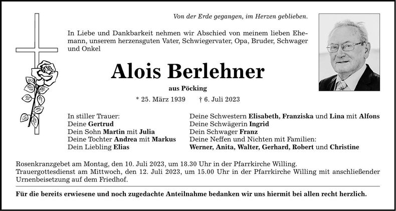 Traueranzeige Alois Berlehner
