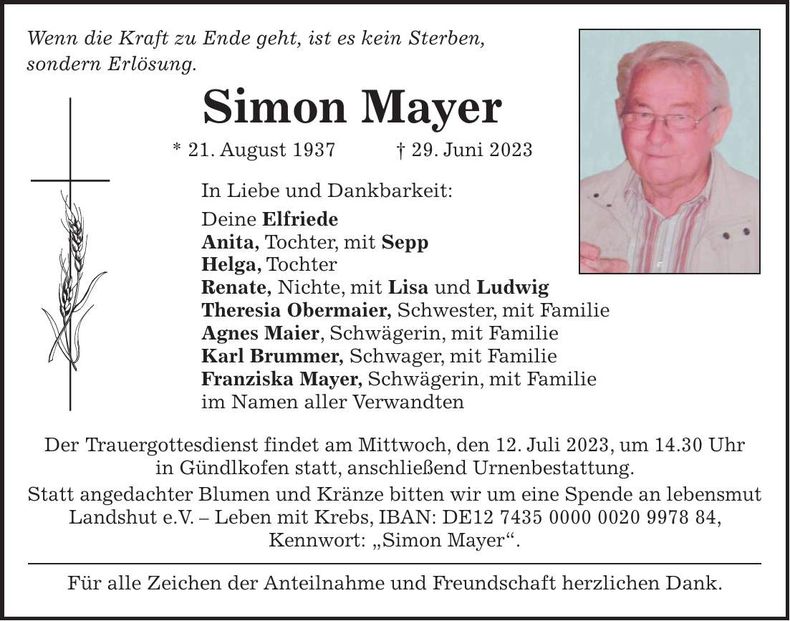 Traueranzeige Simon Mayer