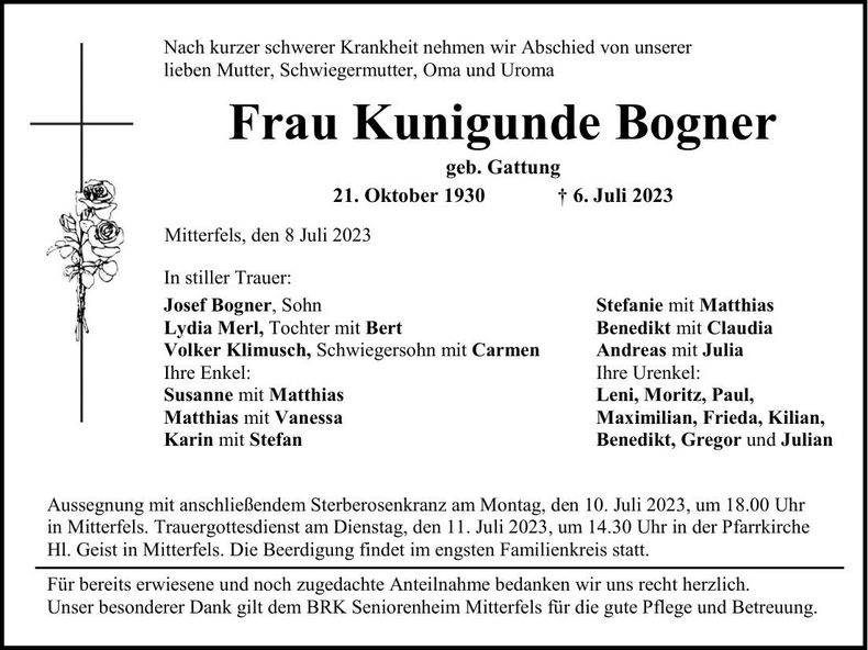 Traueranzeige Kunigunde Bogner