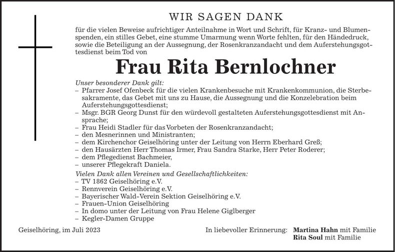 Traueranzeige Rita Bernlochner