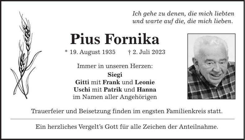 Traueranzeige Pius Fornika