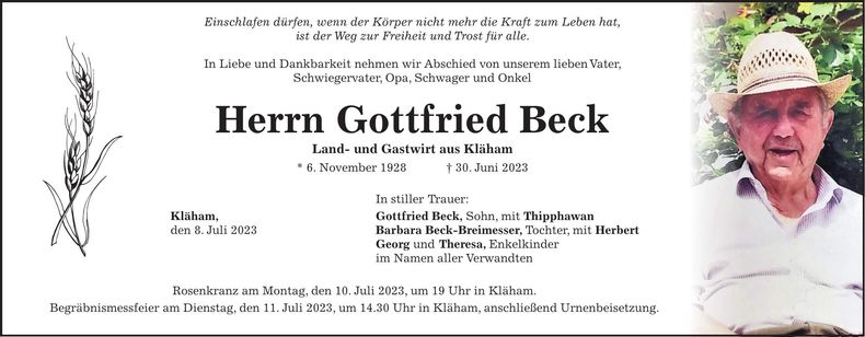 Traueranzeige Gottfried Beck