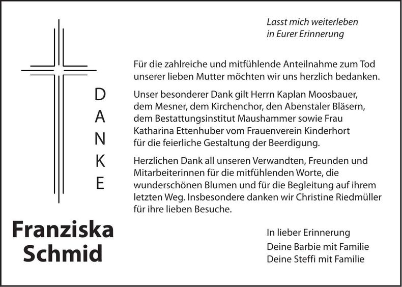 Traueranzeige Franziska Schmid