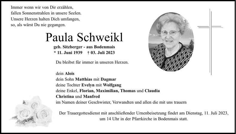 Traueranzeige Paula Schweikl