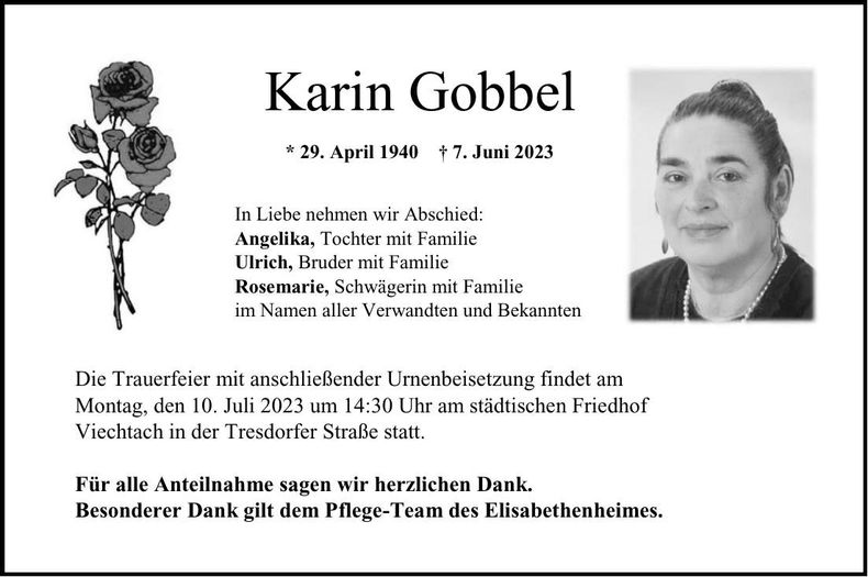 Traueranzeige Karin Gobbel