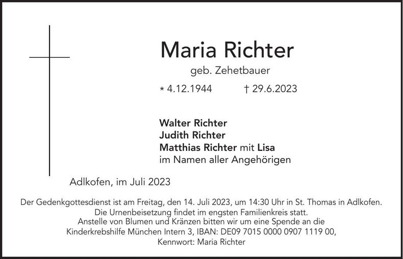 Traueranzeige Maria Richter