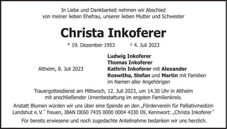 Traueranzeige Christa Inkoferer