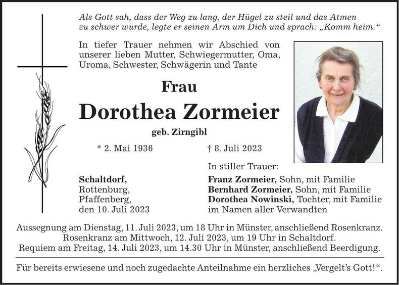 Traueranzeige Dorothea Zormeier