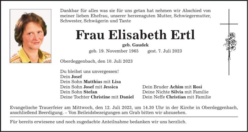 Traueranzeige Elisabeth Ertl