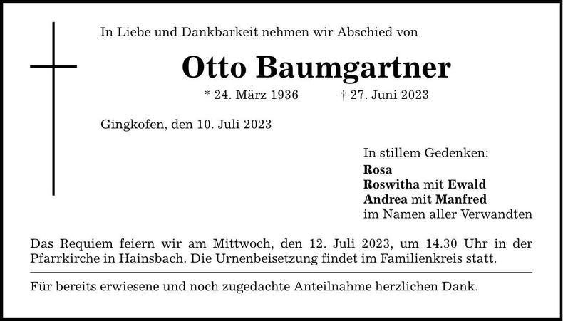 Traueranzeige Otto Baumgartner