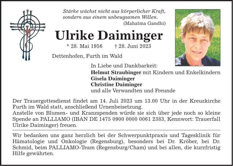 Traueranzeige Ulrike Daiminger