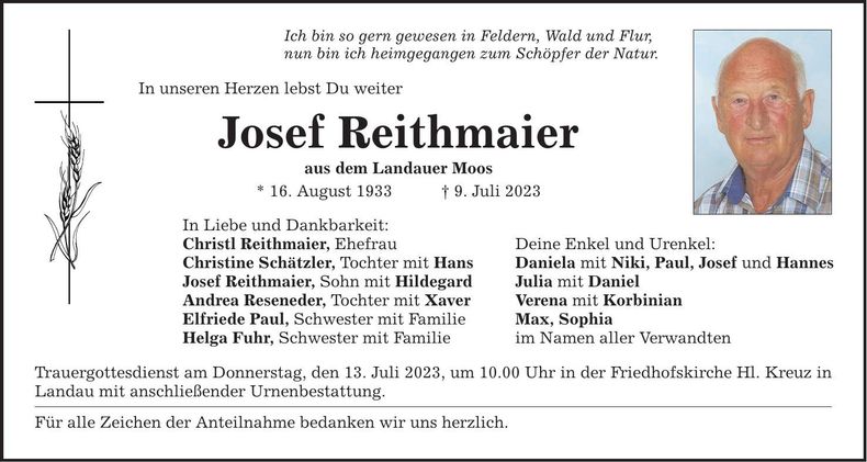 Traueranzeige Josef Reithmaier