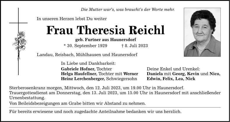 Traueranzeige Theresia Reichl