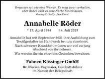 Traueranzeige Annabelle Röder