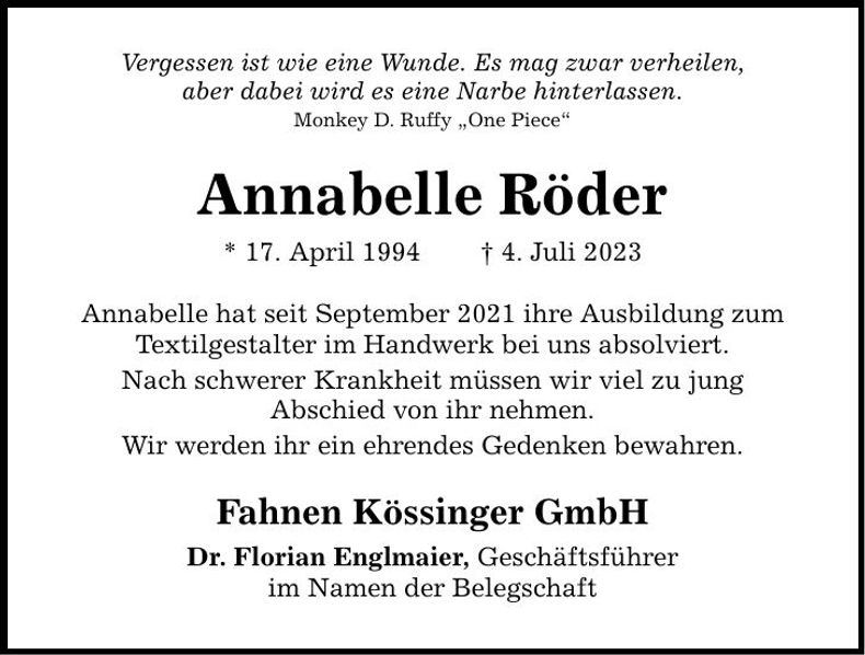 Traueranzeige Annabelle Röder