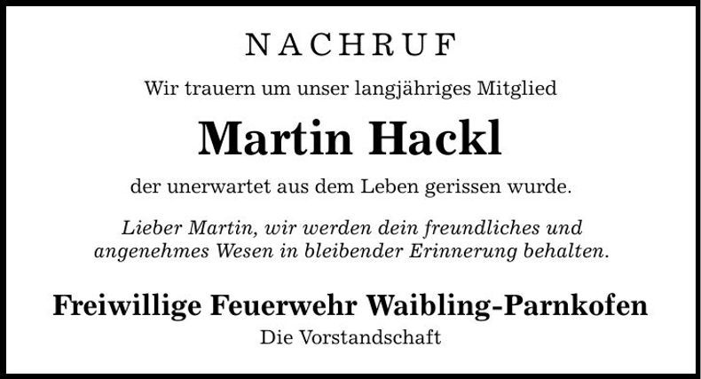 Traueranzeige Martin Hackl